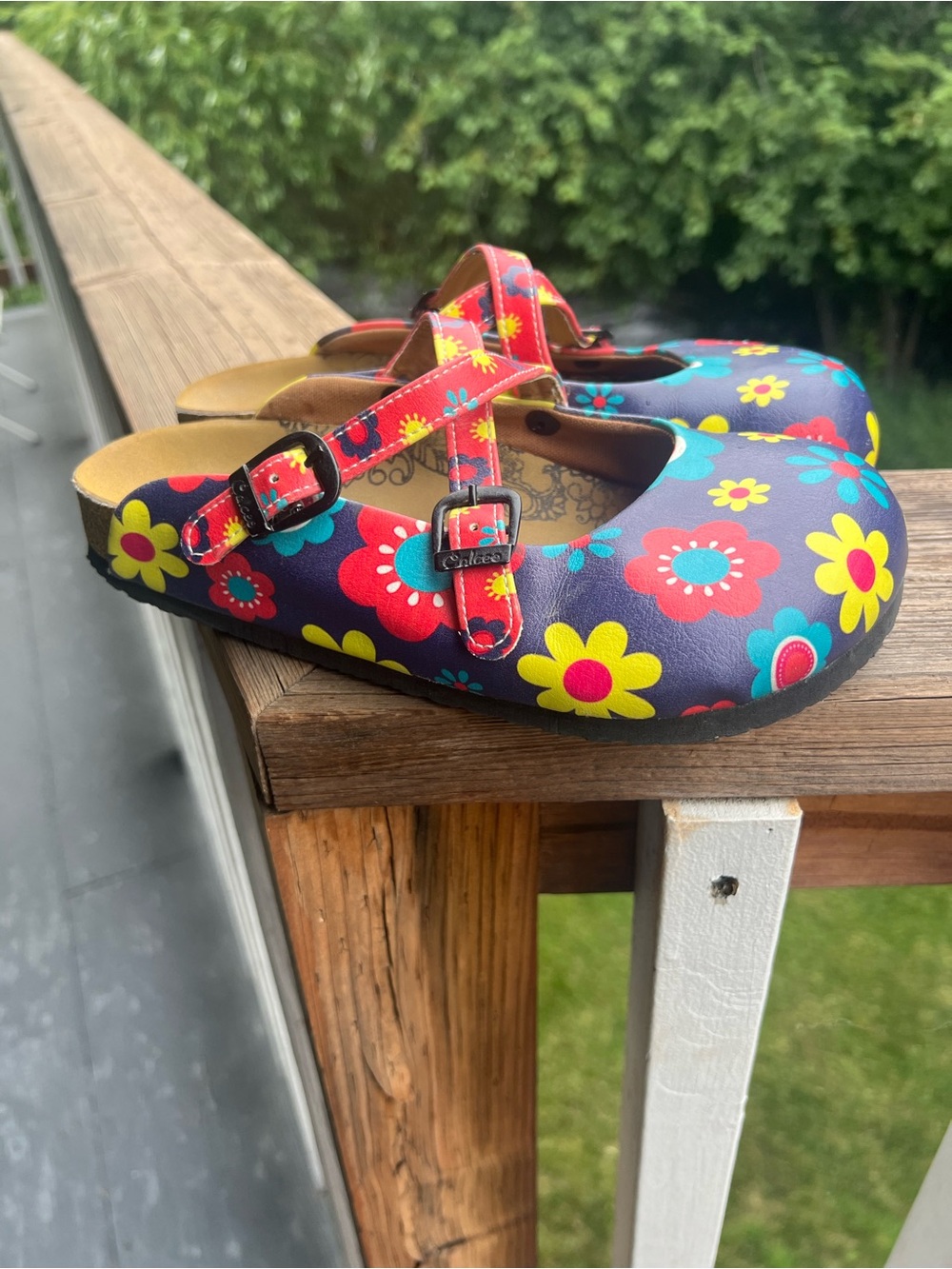 Colorful Floral Mary Jane Clog - Navy with Multicolor Flowers